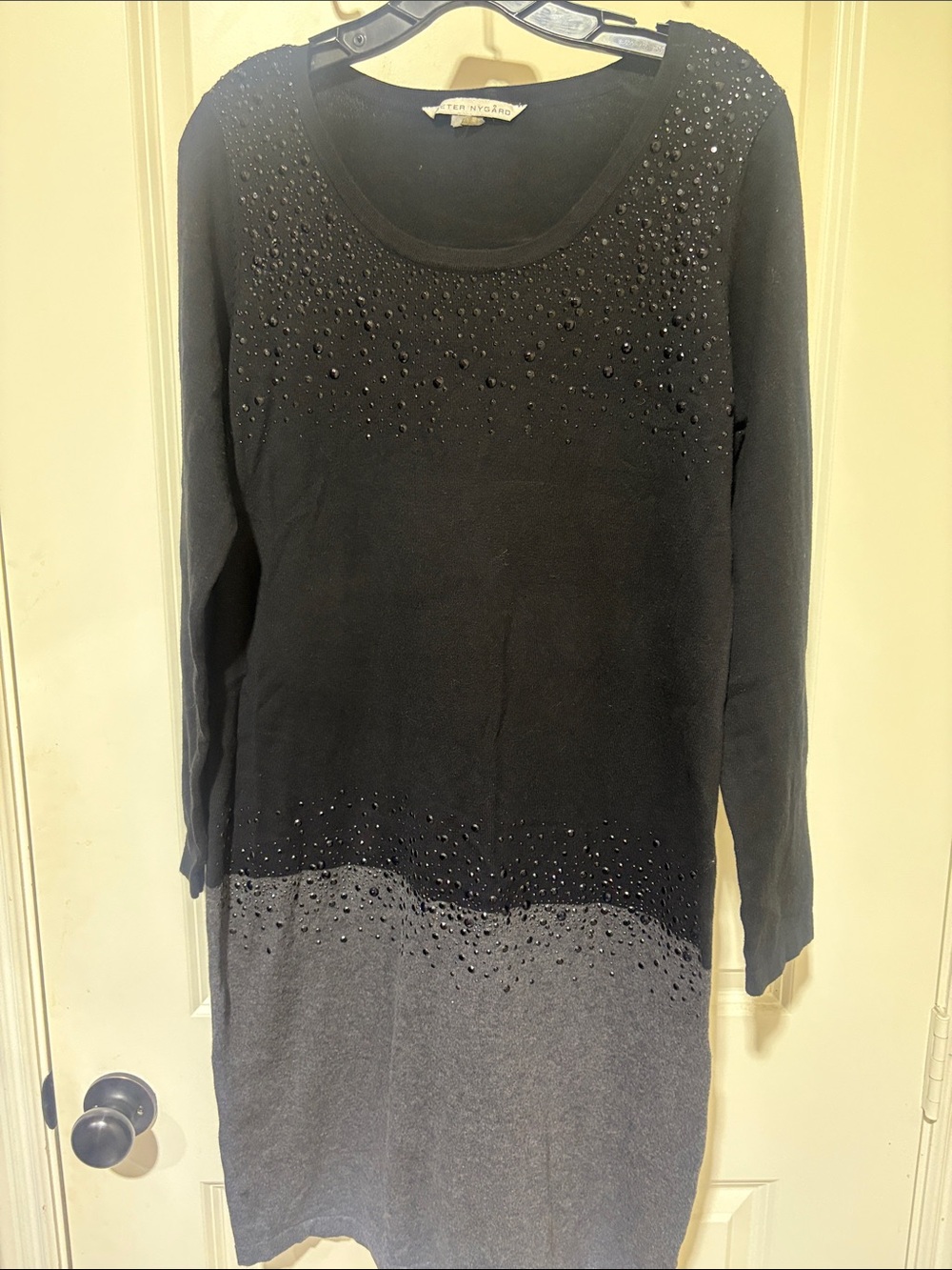 Peter Nygard Black & Gray Beaded Long Sleeve Midi Dress